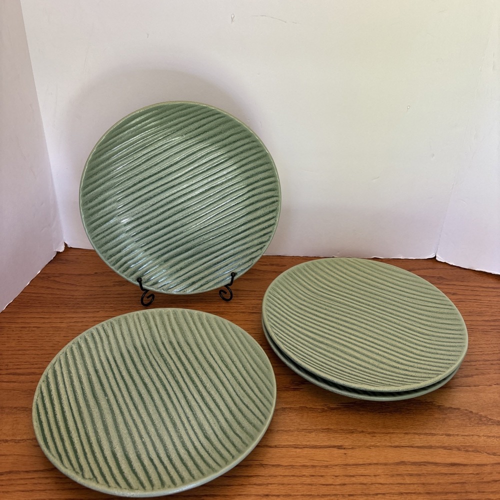 Pier 1 Per210 Two Tone‎ Green Textured Body Stoneware 10" Dinner Plate Set Of 4